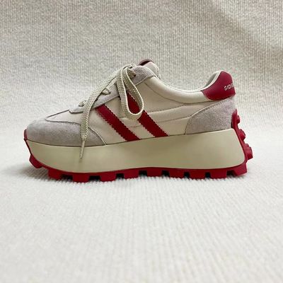 Women sports casual platform leather shoes for female with red blocks