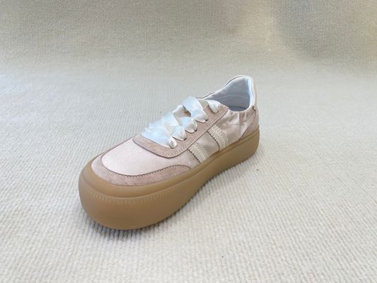 Women casual satin espadrilles sneakers with geneiun leather soft-soled and silk ribbon