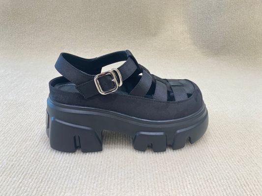 Genuine Leather Womens Black Platform Sandals Heightening