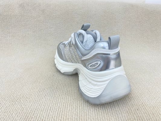 Women white running shoes with thick soled and breathable mesh upper genuine leather