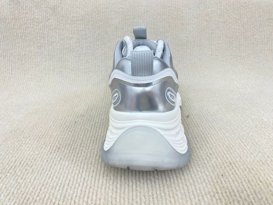Women white running shoes with thick soled and breathable mesh upper genuine leather
