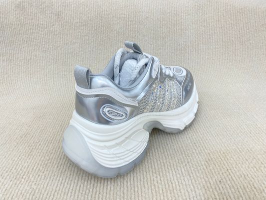 Women white running shoes with thick soled and breathable mesh upper genuine leather