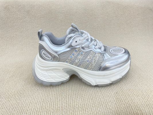 Women white running shoes with thick soled and breathable mesh upper genuine leather