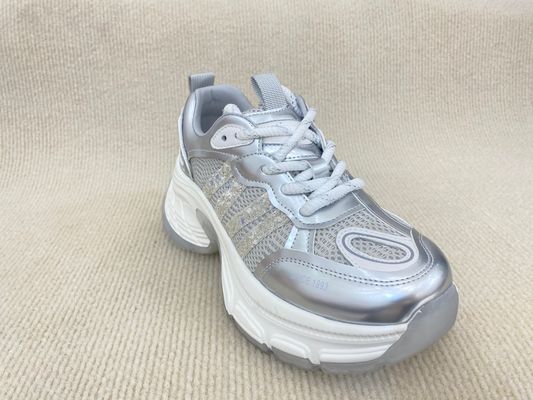 Women white running shoes with thick soled and breathable mesh upper genuine leather