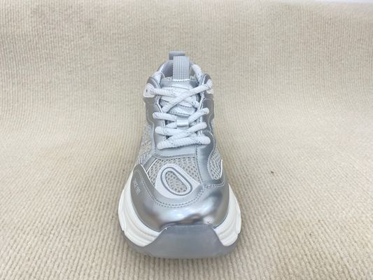 Women white running shoes with thick soled and breathable mesh upper genuine leather