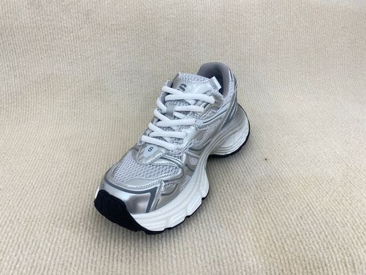 Women white silver sport shoes with thick soled and breathable mesh upper PU