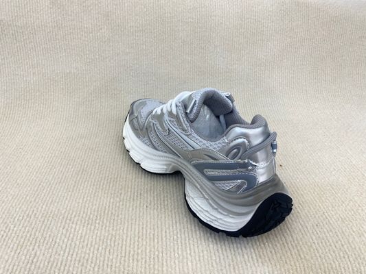 Women white silver sport shoes with thick soled and breathable mesh upper PU