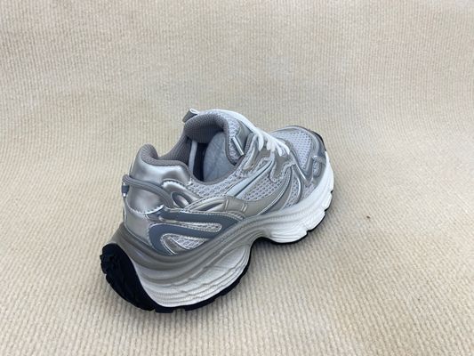 Women white silver sport shoes with thick soled and breathable mesh upper PU