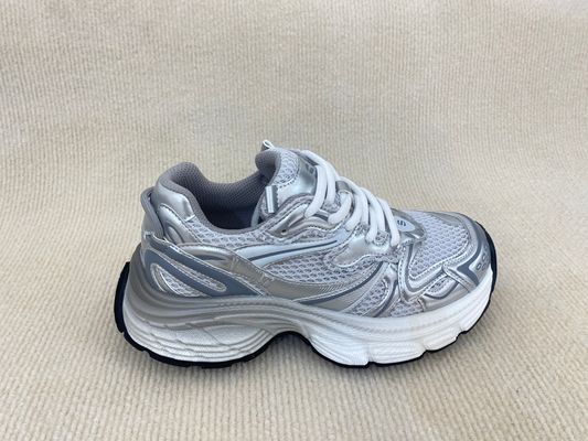 Women white silver sport shoes with thick soled and breathable mesh upper PU