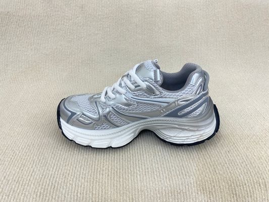 Women white silver sport shoes with thick soled and breathable mesh upper PU