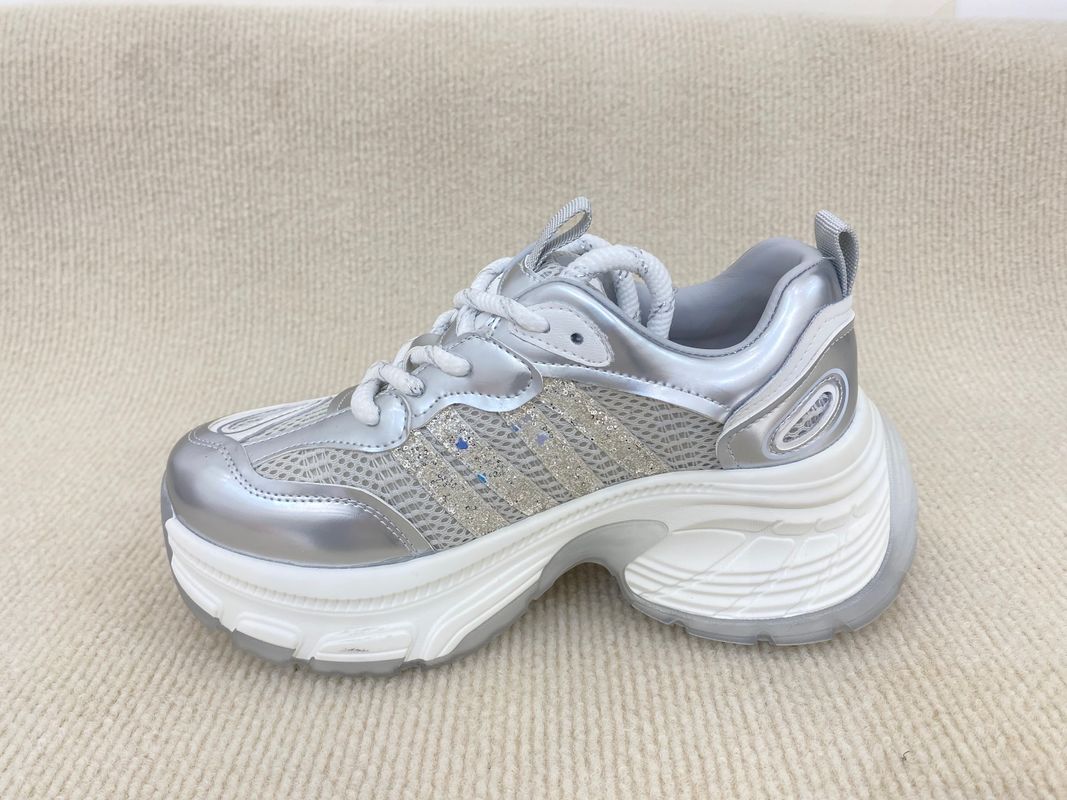 Women white running shoes with thick soled and breathable mesh upper genuine leather