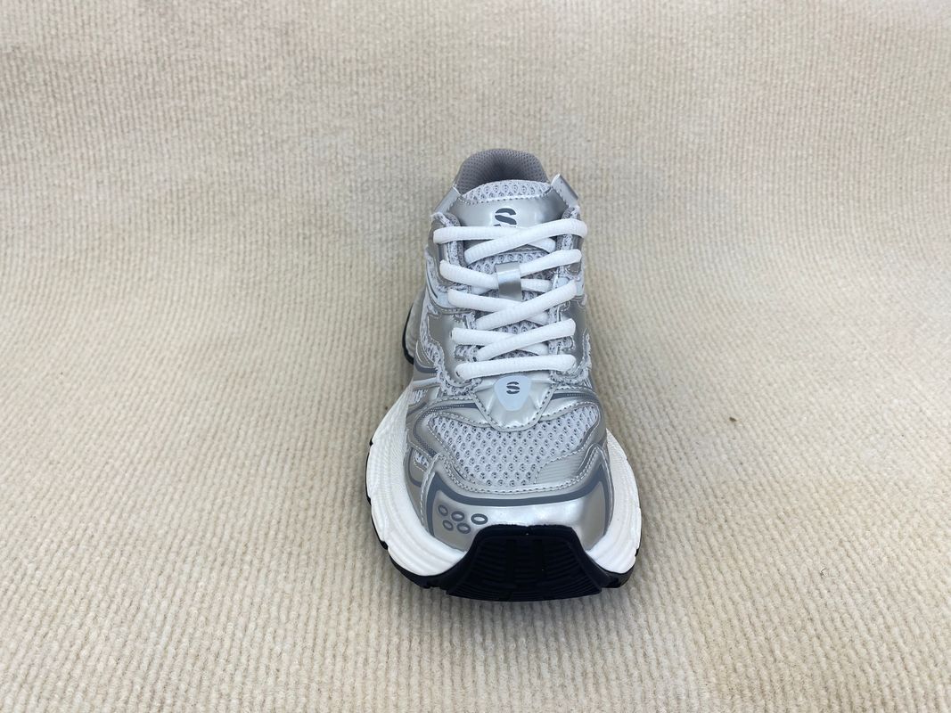 Women white silver sport shoes with thick soled and breathable mesh upper PU